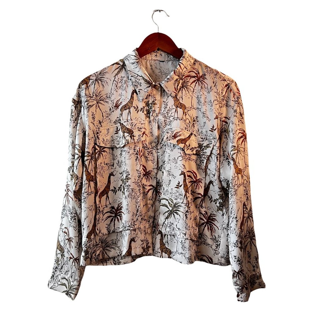 Giraffe Animal Art Print Long Sleeve Button Down Silk Top